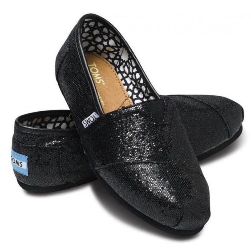 TOMS Classic Black Sequin Slip-on Flats Shoes Sz 9